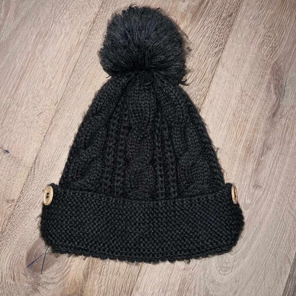 Urban Outfitters Charcoal Cable Knit Hat with Pom-Pom